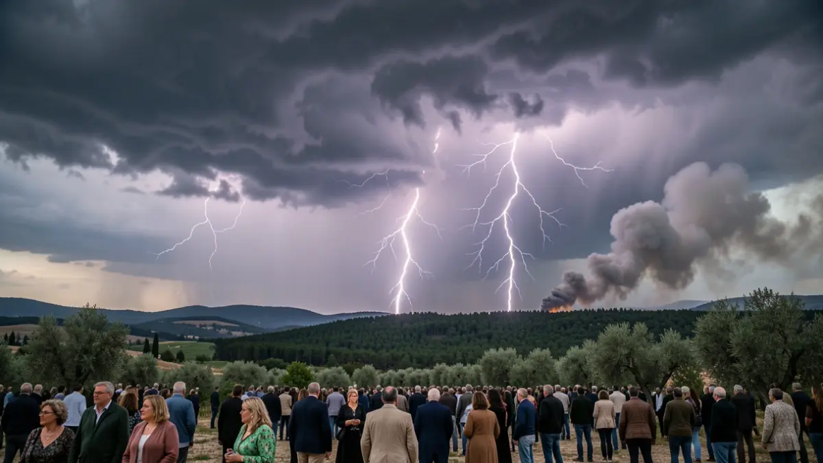 Imatge genèrica de núvols de tempesta amb llampecs i fum d'un incendi a l'interior de Castelló.