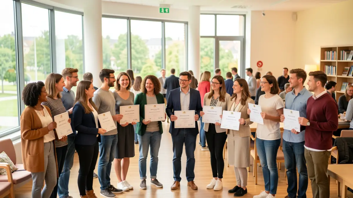 Imatge genèrica de joves rebent certificats en un centre comunitari.