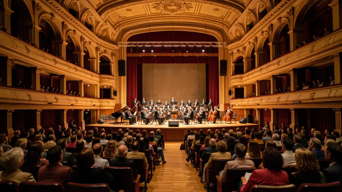 Generic image of the interior of the Sala Rodrigo at the Palau de la Música in València with an orchestra.