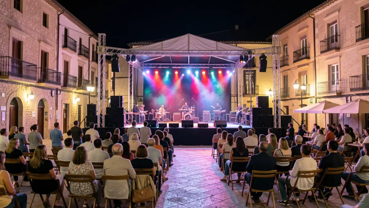 Imatge genèrica d'un escenari de concerts a l'aire lliure durant la nit.