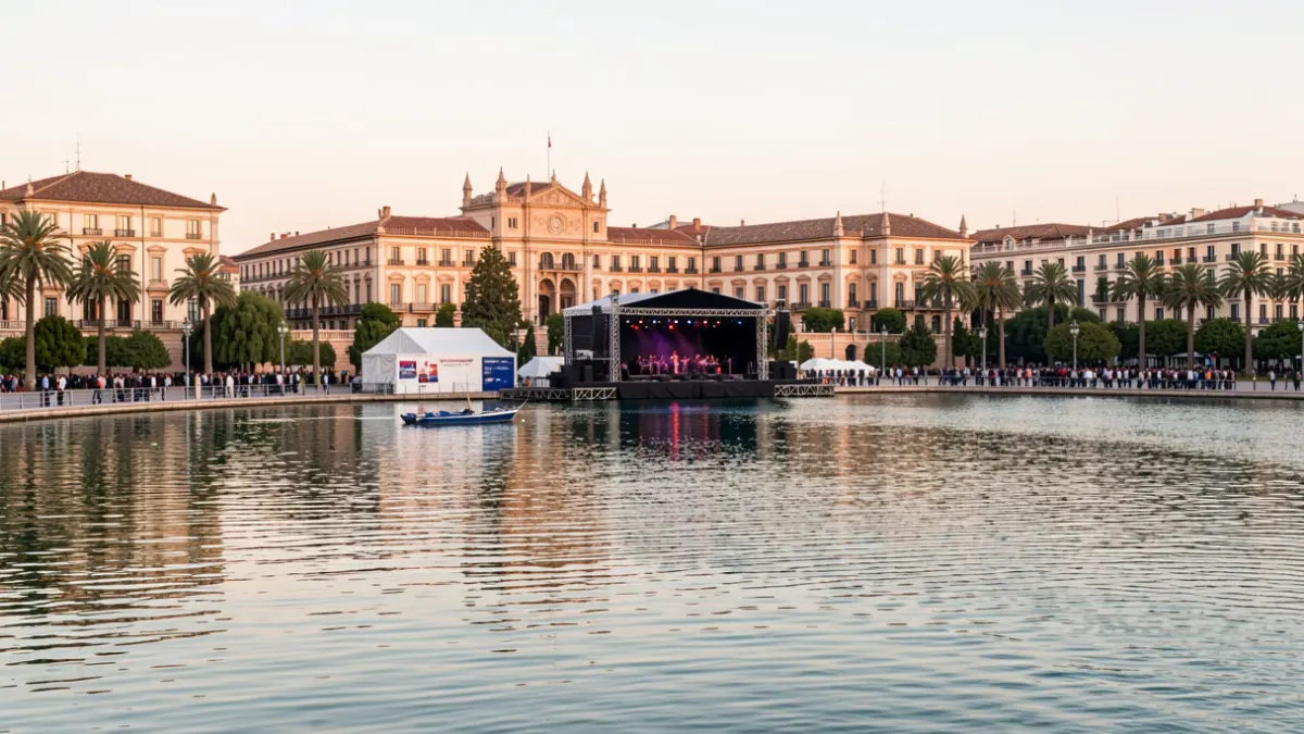 Generic image of the lagoon at the City of Arts and Sciences in Valencia with a stage for concerts.