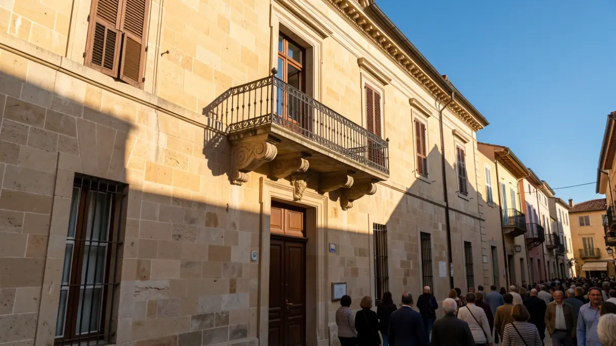 Imagen genérica de la fachada de un ayuntamiento mediterráneo con balcón y barandillas de hierro, luz de tarde.