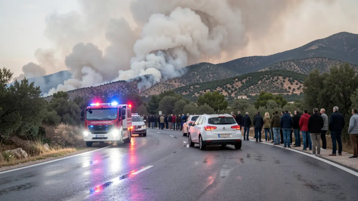 Imagen genérica de humo de un incendio forestal en la Serra de la Calderona con luces de emergencia.