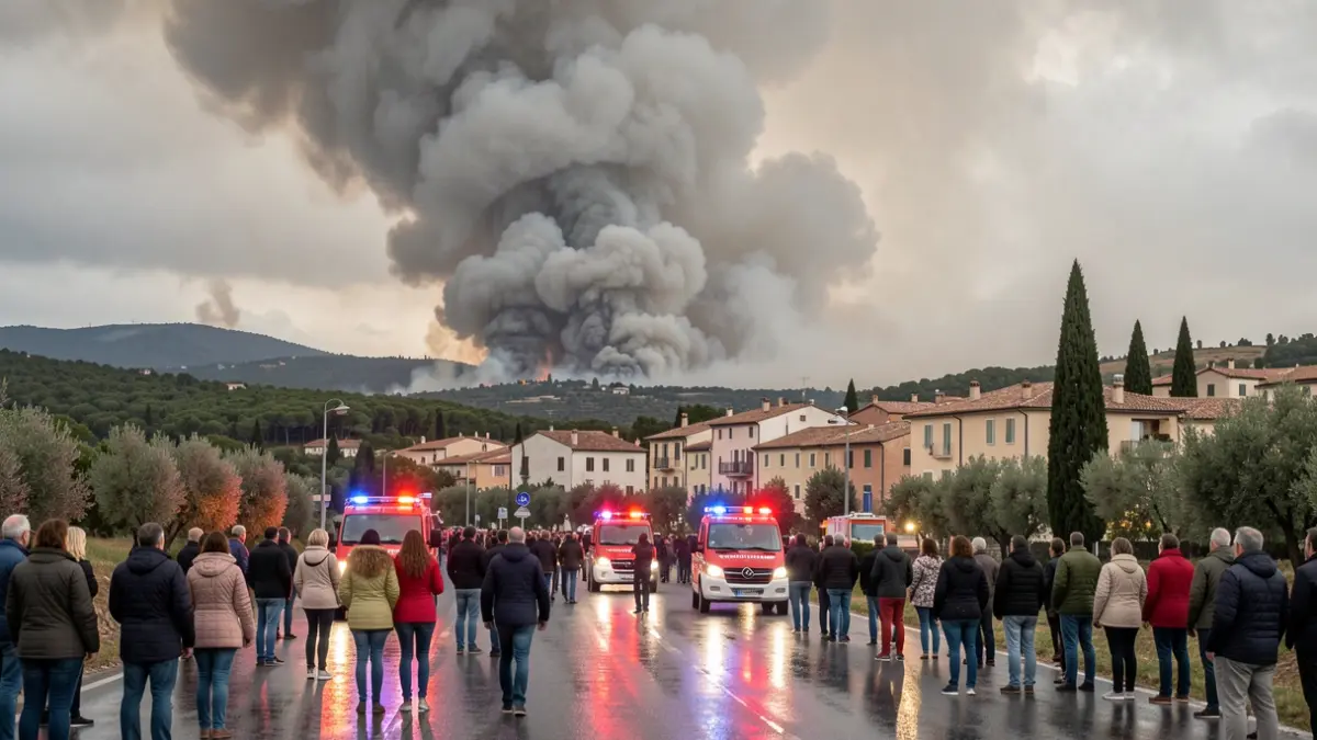 Imagen genérica de un incendio forestal con humo denso sobre un pueblo y luces de emergencia.