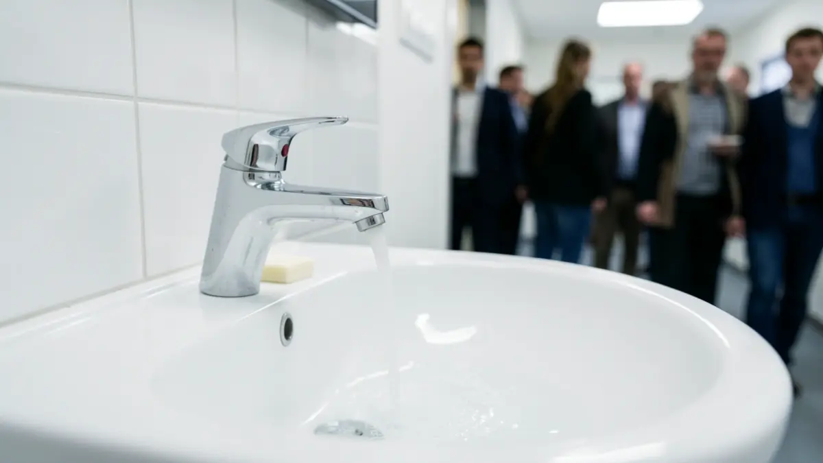 Generic image of a clean hospital sink with running water.