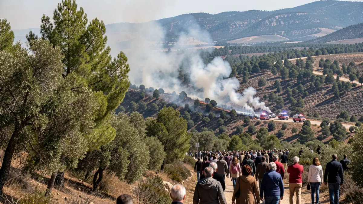 Generic image of a controlled forest fire in Serra Calderona with smoke and emergency vehicles in the distance.