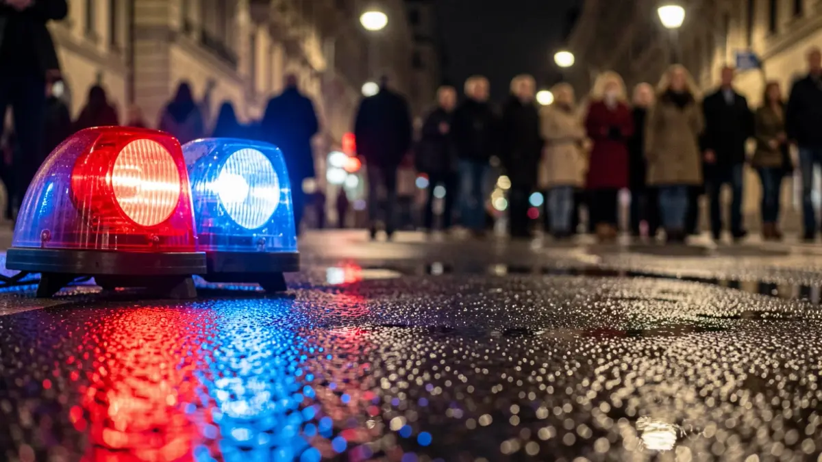 Imatge genèrica de llums d'emergència policials reflectint-se en asfalt mullat.