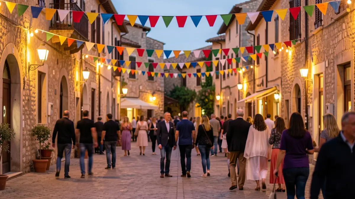 Generic image of a Mediterranean town square during a festival, with festive elements and people in the background.