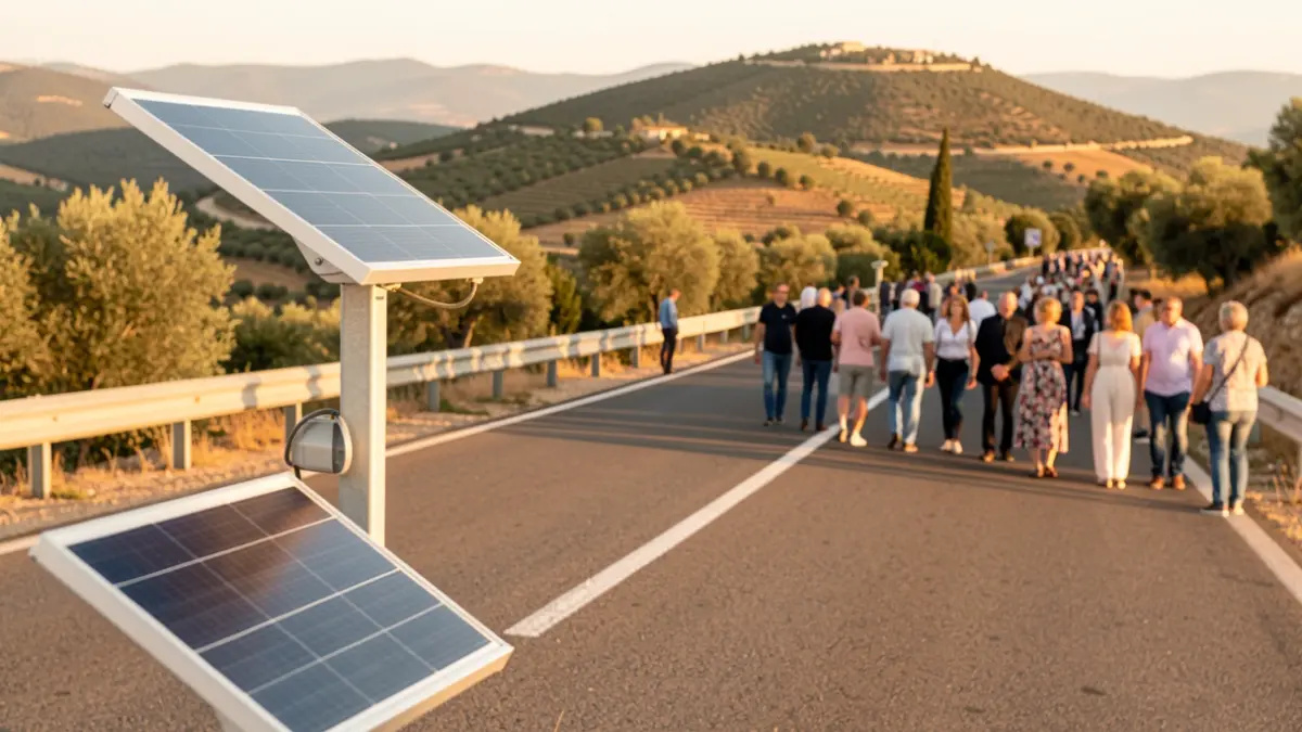 Imagen genérica de alumbrado público solar en un camino rural.