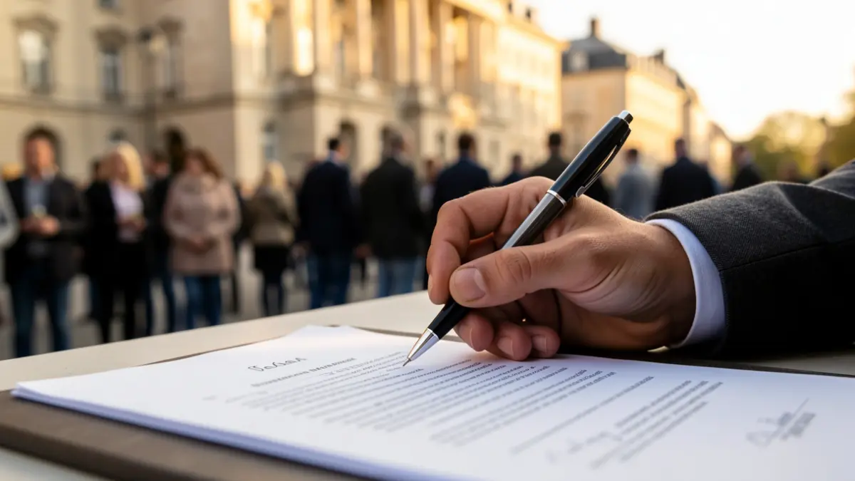 Imagen genérica de una mano firmando un documento oficial.