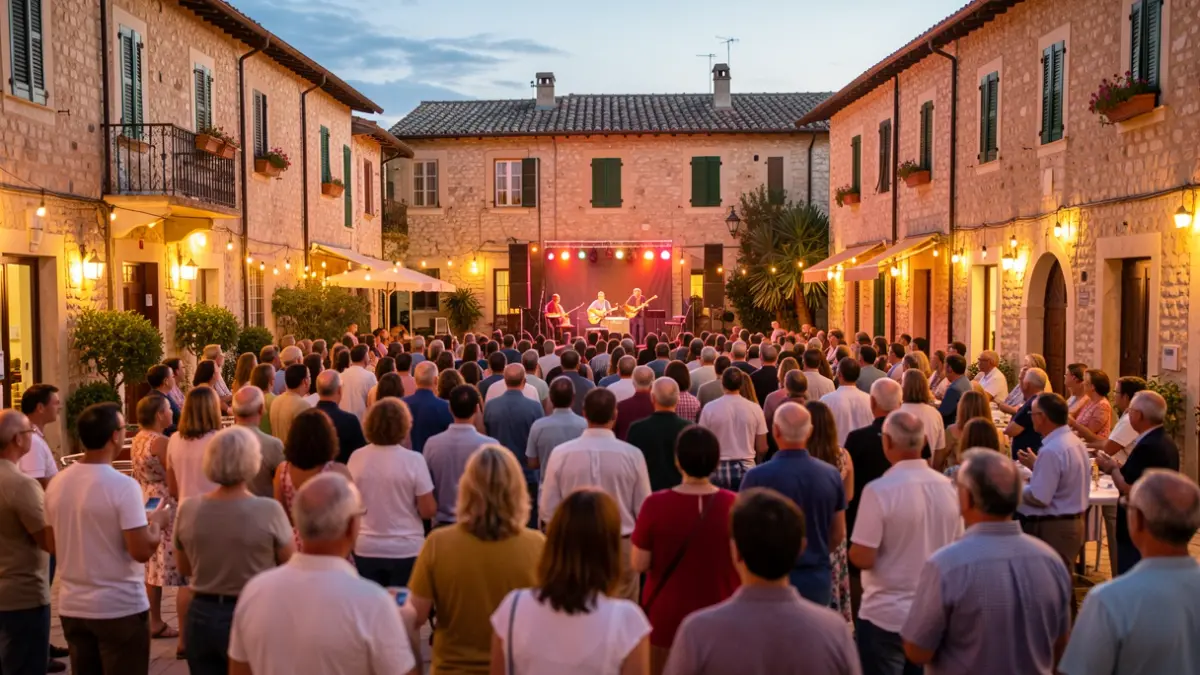 Imatge genèrica d'una plaça de poble mediterrani plena de gent gaudint d'un espectacle a l'aire lliure.