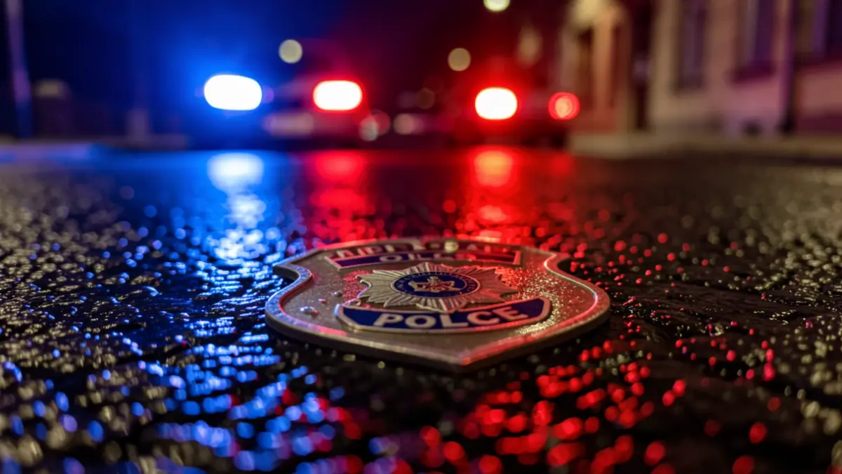 Generic image of police emergency lights reflecting on wet asphalt.
