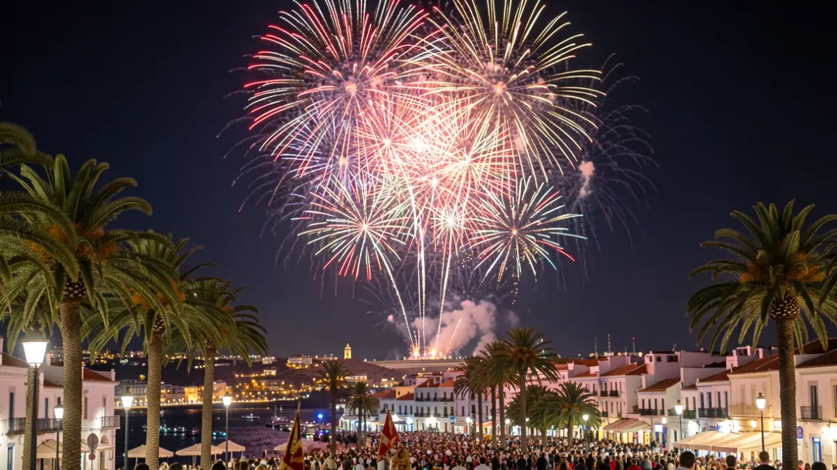 Imatge genèrica de focs artificials il·luminant el cel nocturn sobre palmeres a Dénia.