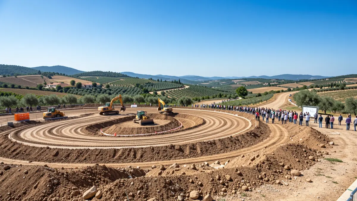 Obras de un nuevo circuito de BTT y ciclocrós en construcción en un paisaje mediterráneo.