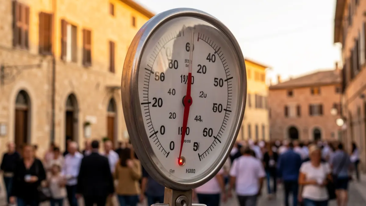 Thermometer showing an extremely high temperature in a Mediterranean setting.