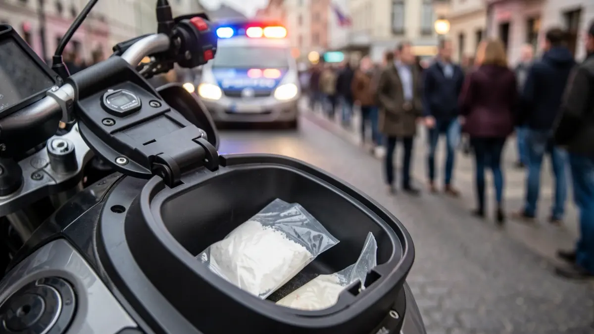 Imatge genèrica d'un portaobjectes de motocicleta amb droga i llums policials.