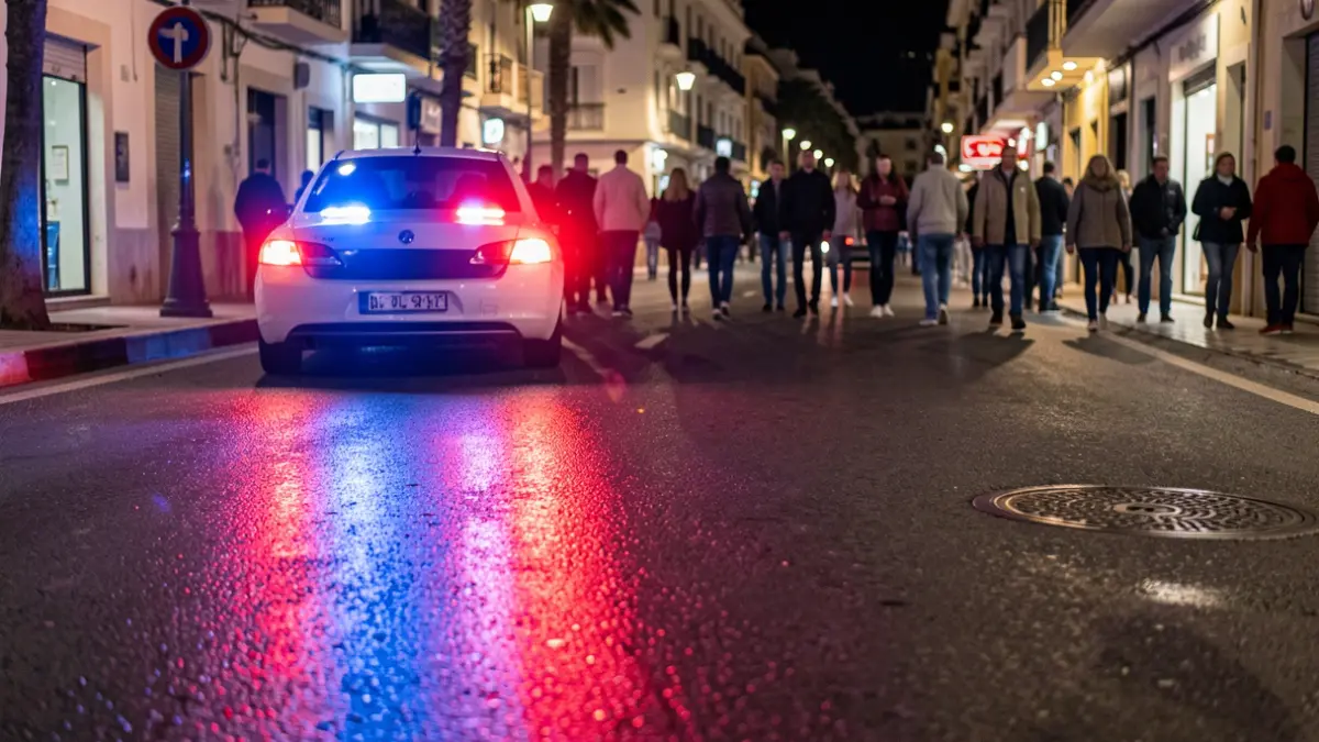 Imagen genérica de luces de emergencia policiales reflejándose en asfalto mojado.