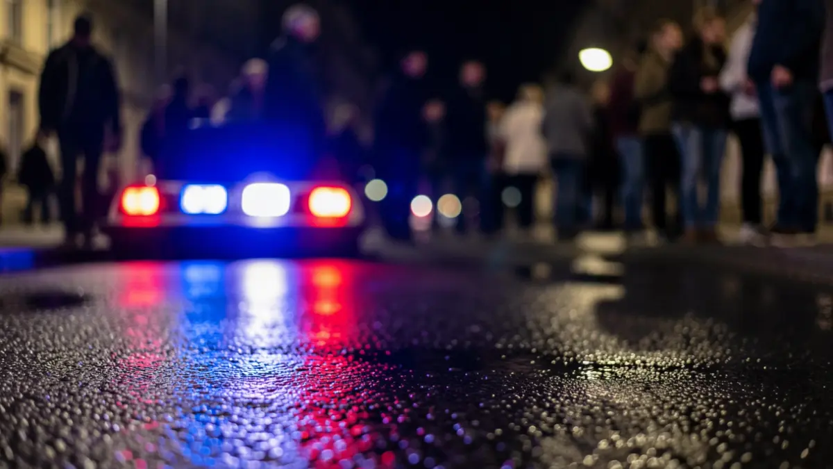 Generic image of police lights reflecting on wet asphalt.