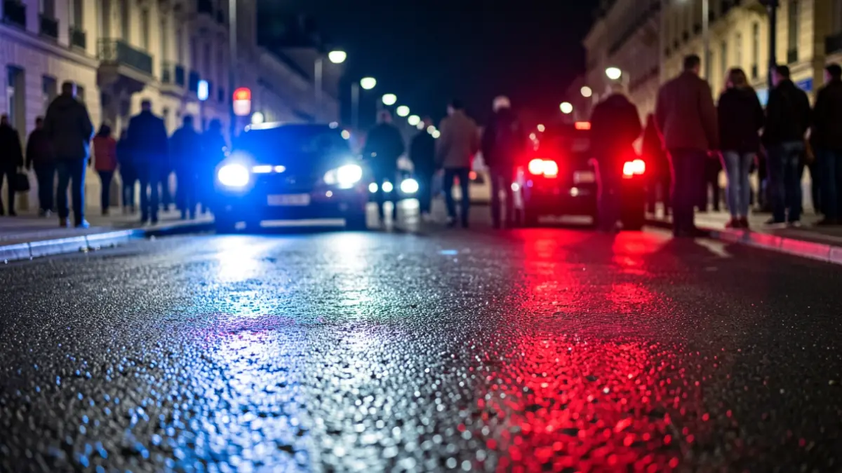 Imagen genérica de luces de emergencia policiales reflejándose en asfalto mojado.