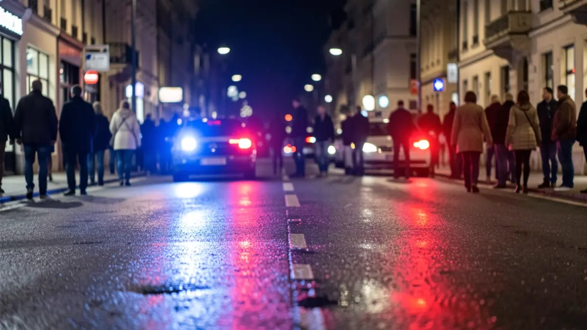 Imatge genèrica de llums d'emergència policials reflectint-se en asfalt mullat.