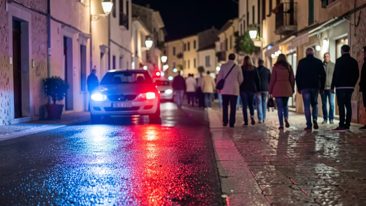 Generic image of police emergency lights reflecting on asphalt at night.