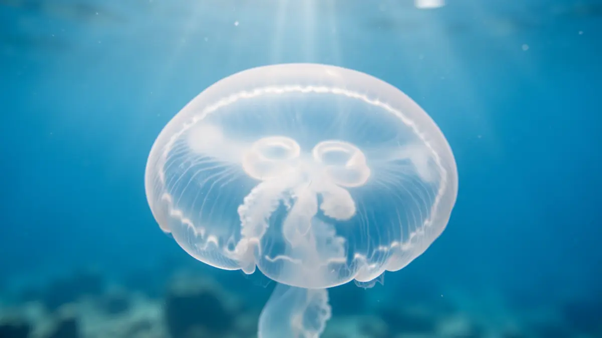 Imatge genèrica d'una medusa 'ou fregit' flotant en aigües mediterrànies.