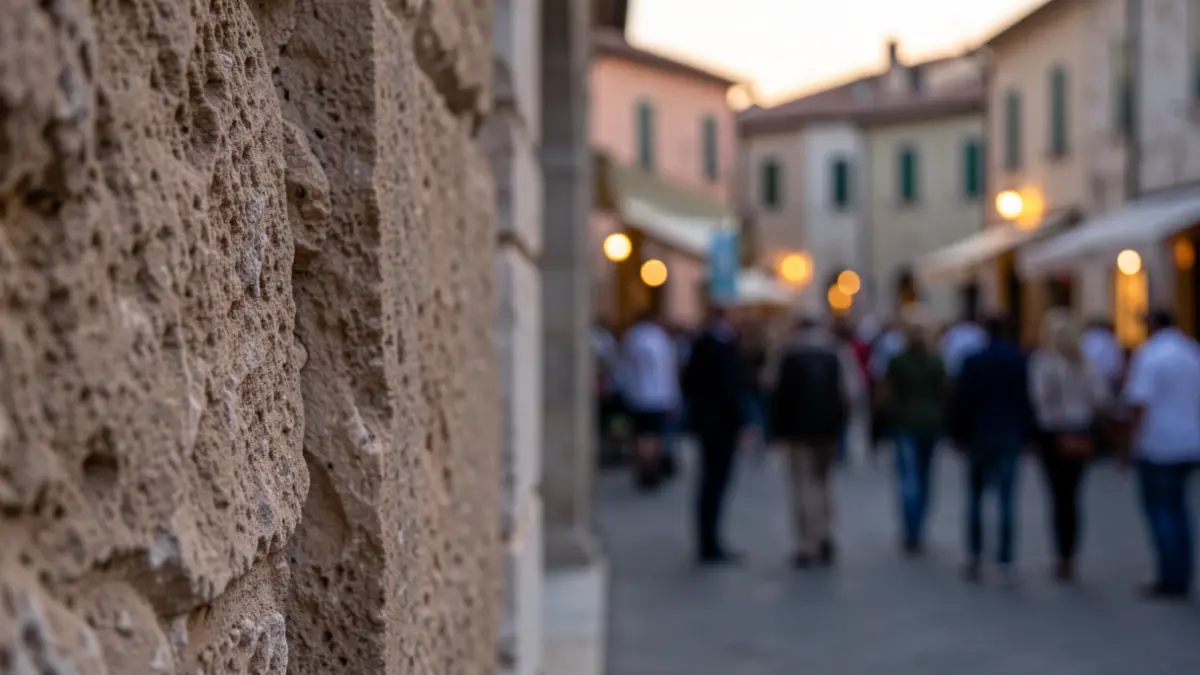 Imagen genérica de una textura de piedra con un fondo difuminado que sugiere una plaza mediterránea al atardecer.