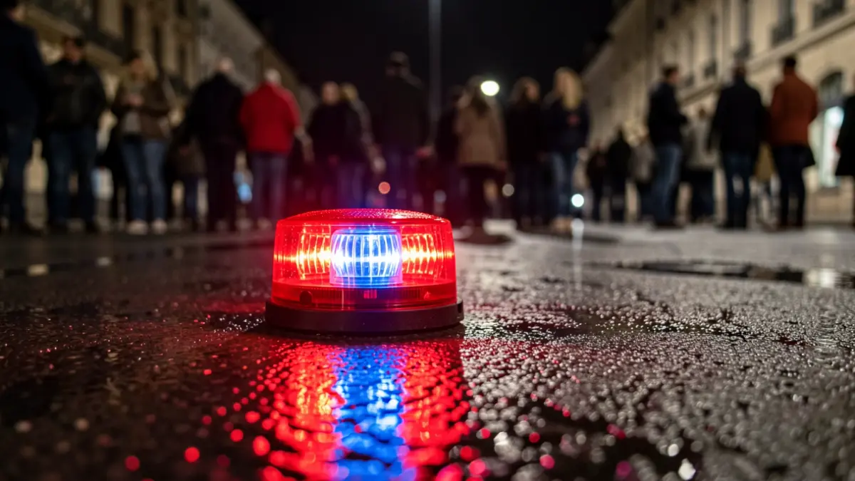 Imagen genérica de luces de emergencia reflejándose en asfalto mojado.