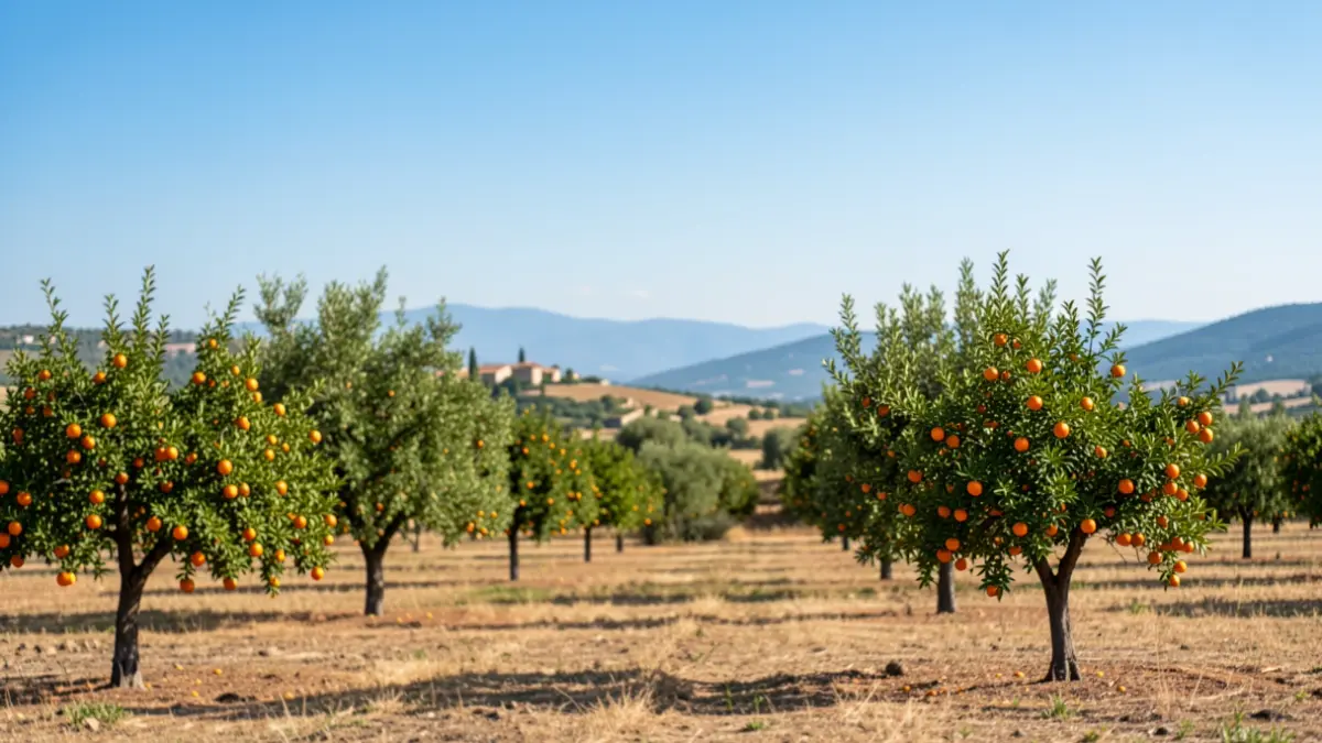 Generic image of a Valencian landscape with orange trees and a blue sky.