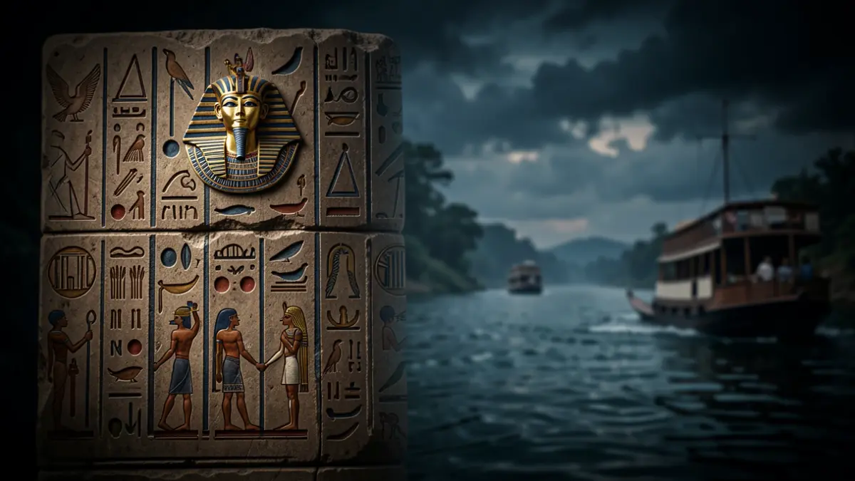 Generic image of ancient Egyptian symbols and the Nile river.