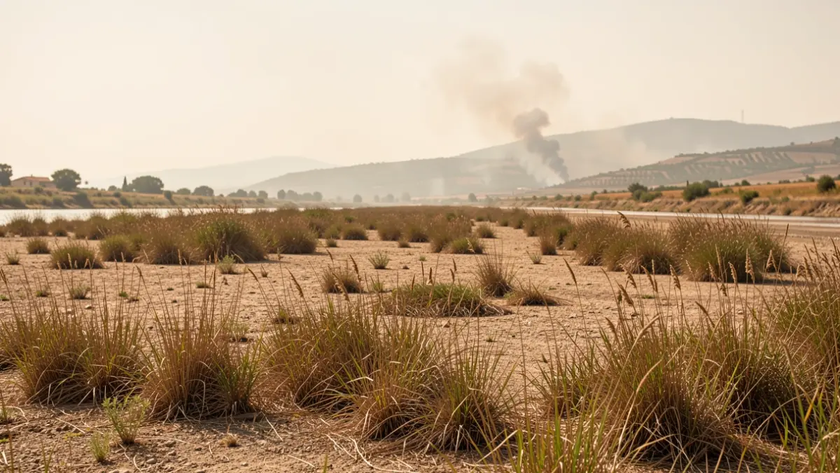Imagen genérica de un barranco seco con vegetación invasora y humo al fondo.