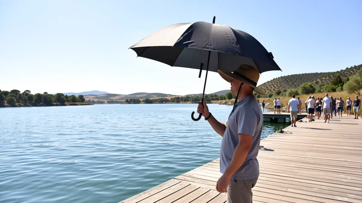 Persona buscant ombra en un embarcador de l'Albufera de València durant un dia de calor intensa.