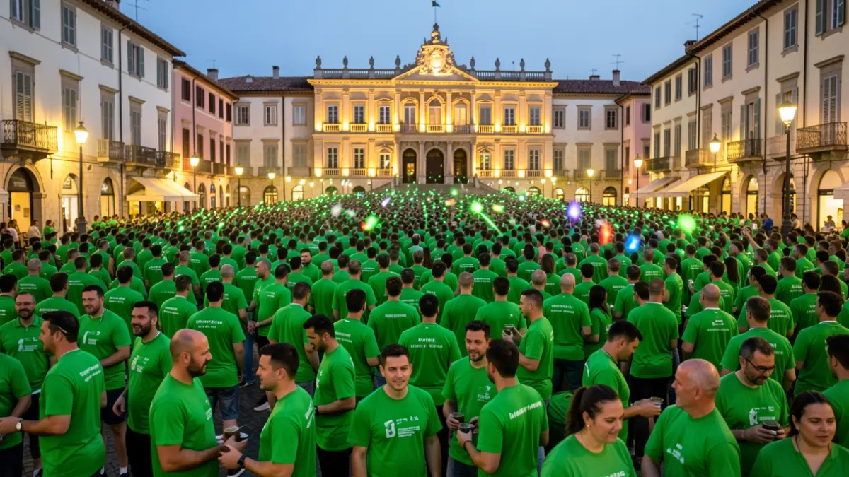 Imagen genérica de una manifestación festiva con gente vestida de verde en una plaza frente a un ayuntamiento.