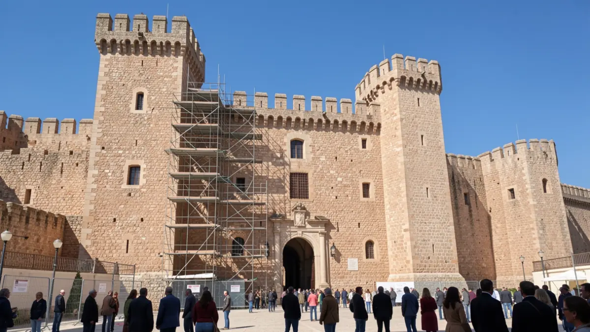 Imagen genérica del Castillo de Orihuela, una fortaleza histórica con muros de piedra y torres, en proceso de restauración.