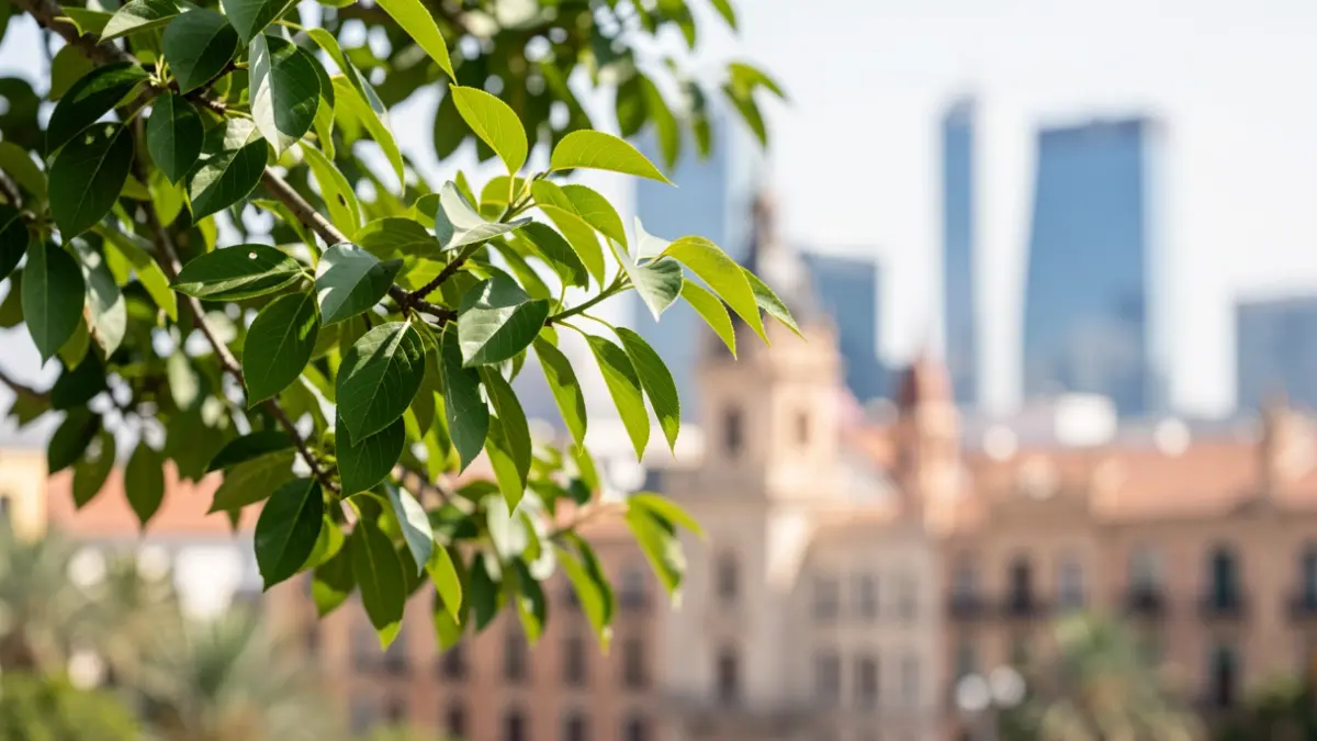 Imatge genèrica d'un arbre urbà sa amb fulles verdes i un fons difuminat de la ciutat i Feria Valencia.