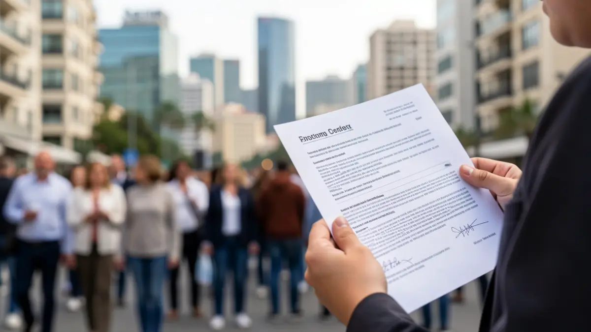 Generic image of young hands holding a resume against an urban landscape.
