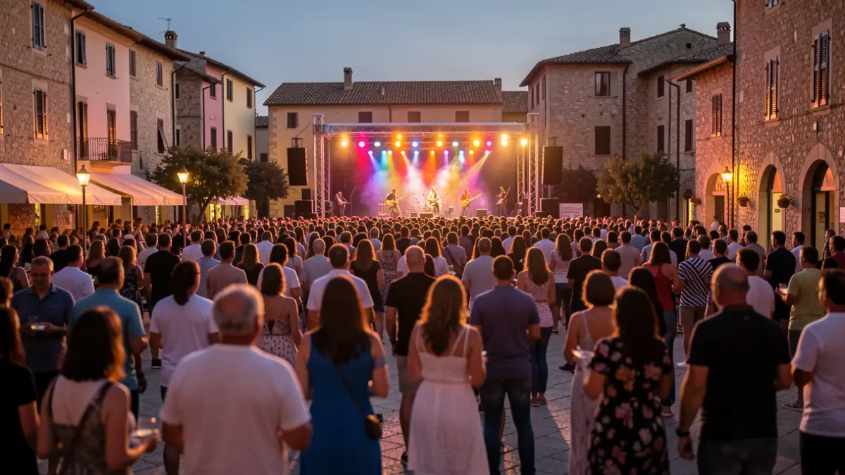 Imatge genèrica d'un festival de música a l'aire lliure al capvespre, amb llums de colors i públic al fons.