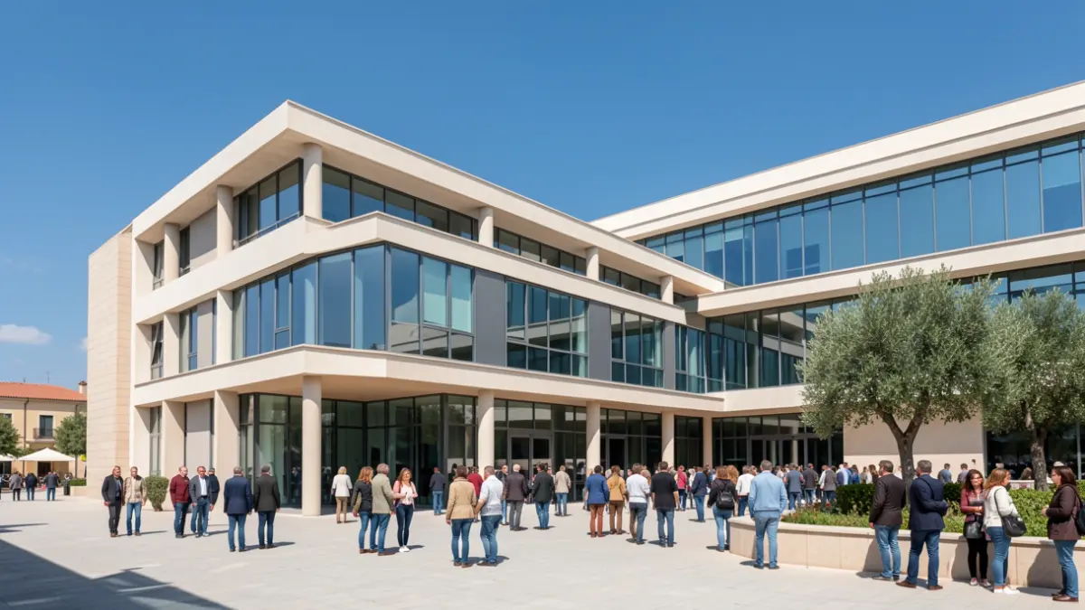 Imagen genérica de un hospital moderno con elementos arquitectónicos mediterráneos.