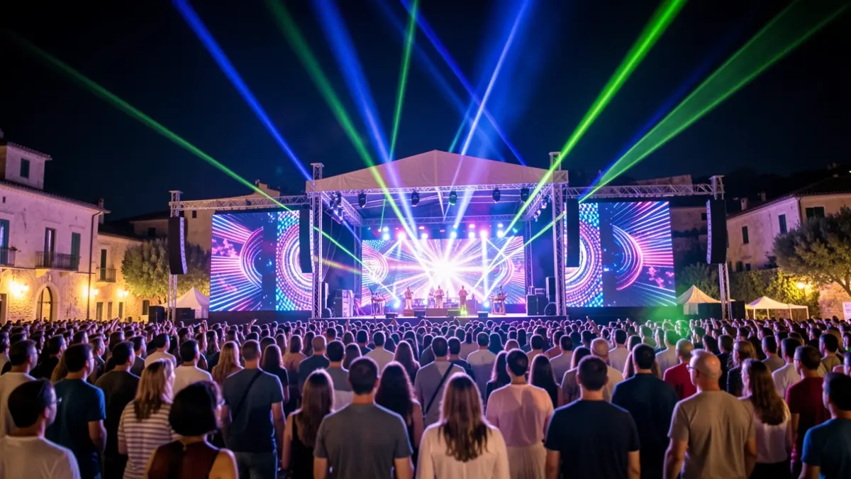 Imatge genèrica d'un escenari de festival de música electrònica amb llums i públic.