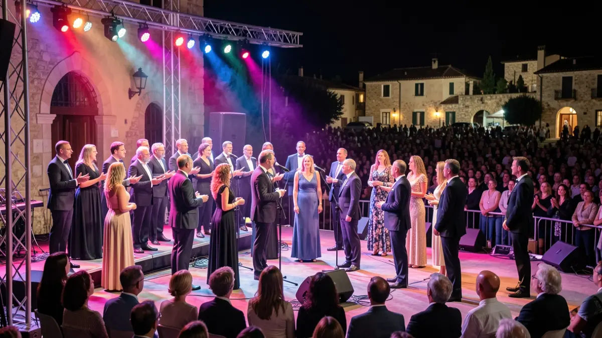 Imagen genérica de un coro actuando en un escenario exterior de noche.