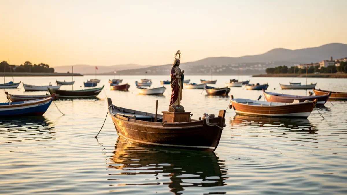 Image of a boat with a religious effigy on the Albufera during sunset.