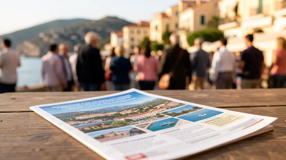Generic image of a travel brochure on a table with a blurred background of a Mediterranean city.