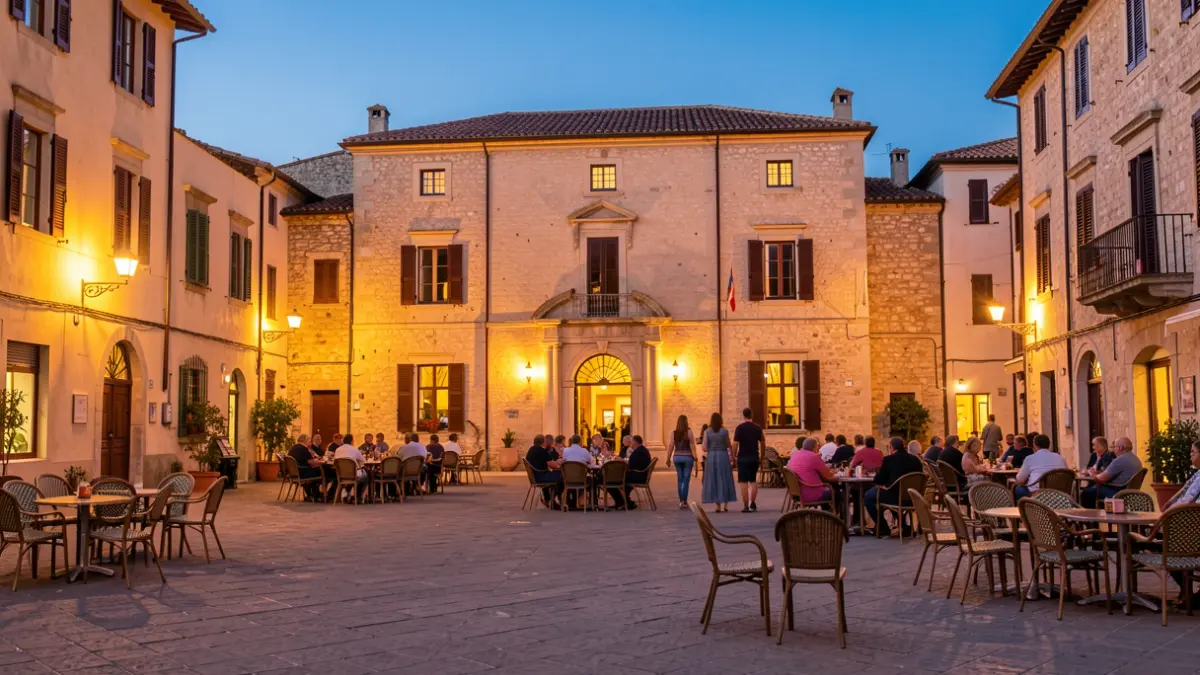 Imatge genèrica d'una plaça de poble mediterrani il·luminada al capvespre.
