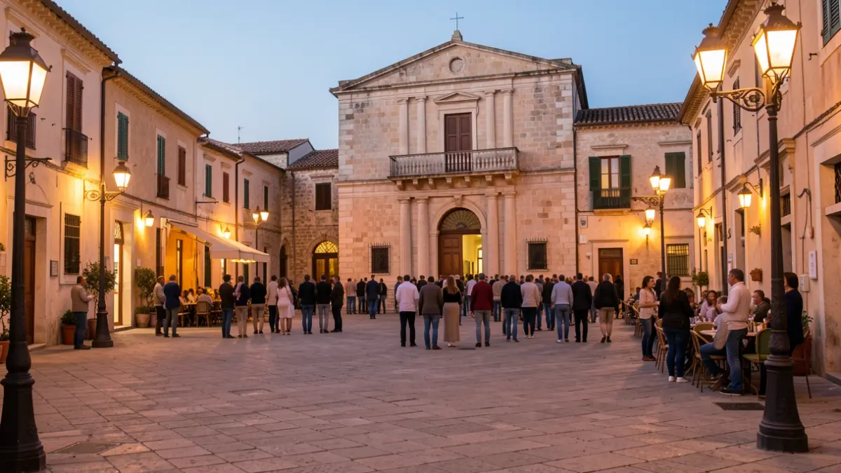 Imatge genèrica d'una plaça de poble valencià amb un edifici oficial al capvespre.