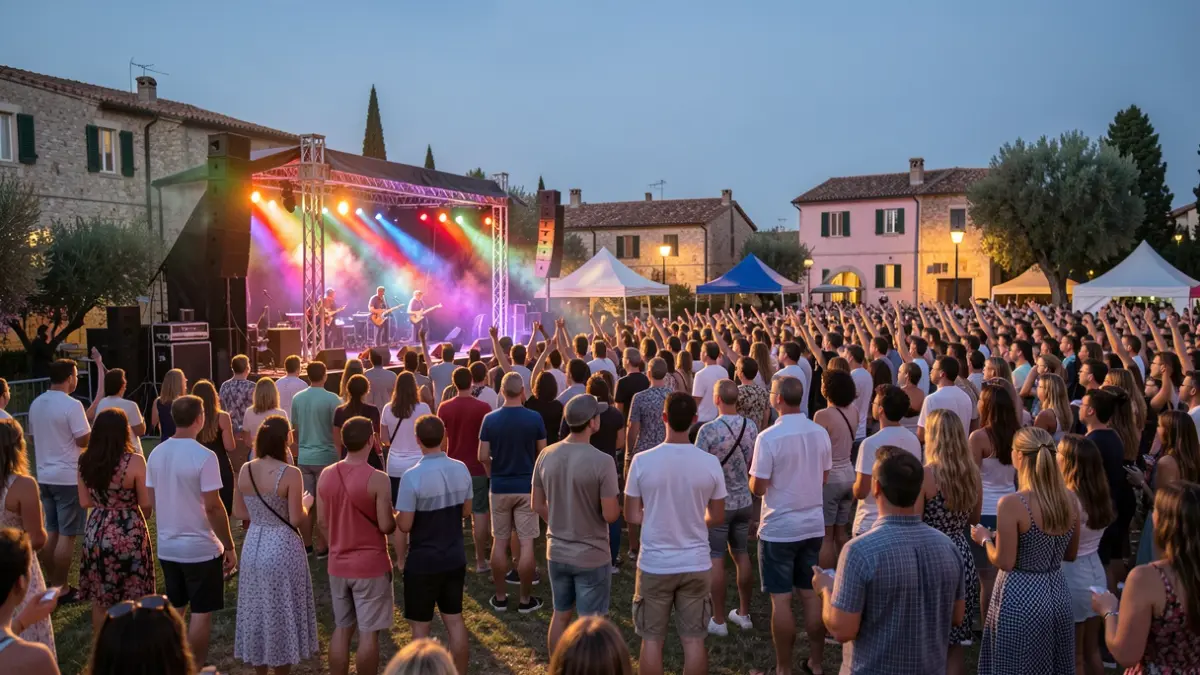 Imagen genérica de un festival de música al aire libre con multitud y luces.