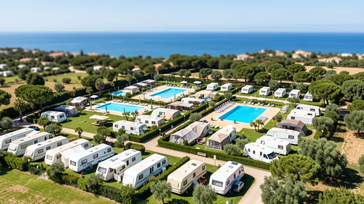 Imagen genérica de un camping costero en la Comunitat Valenciana con parcelas, piscinas y el mar al fondo.