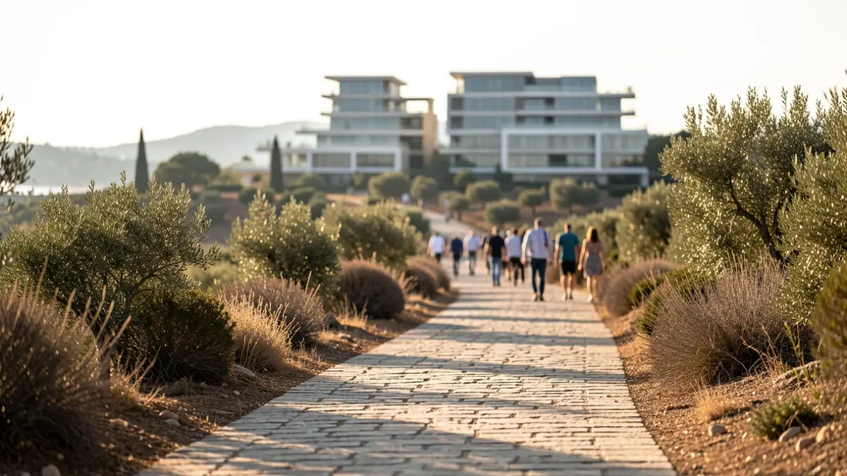 Imagen genérica de un camino costero mediterráneo con edificios de lujo al fondo.