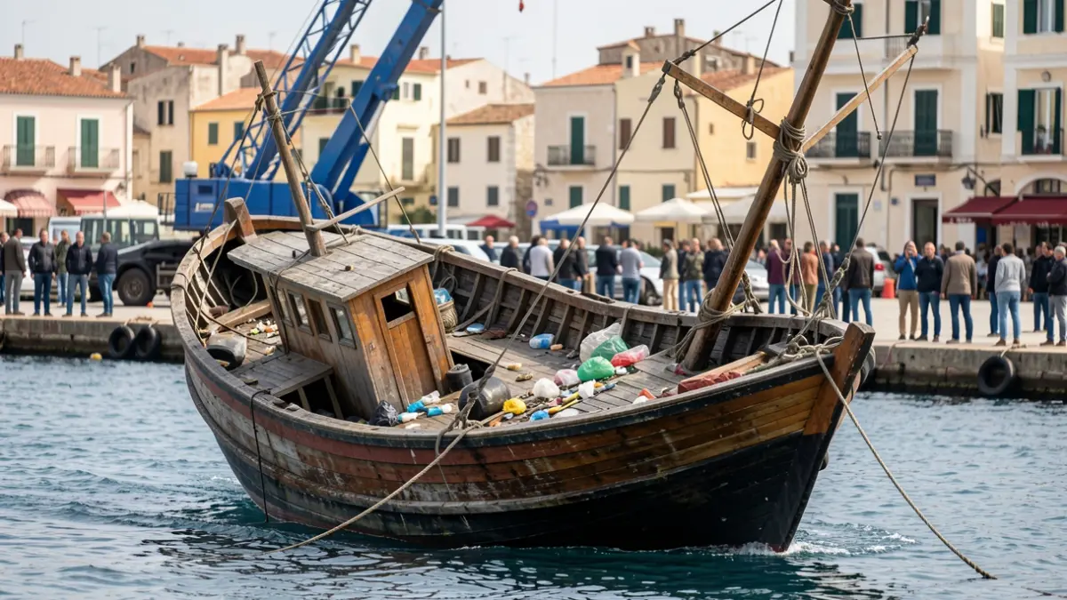 Imatge del pesquer 'El Terrible' enfonsat i a punt de ser desmantellat al port de Xàbia.