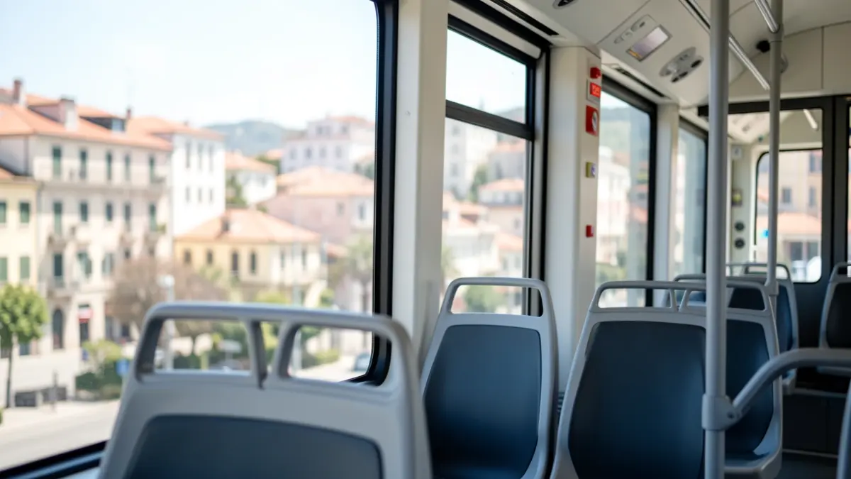 Imatge genèrica de l'interior d'un tram urbà amb seients buits i vistes a la ciutat.