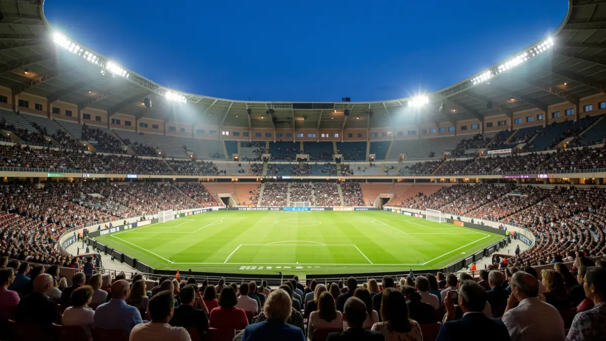 Imatge genèrica d'un estadi de futbol buit al capvespre.